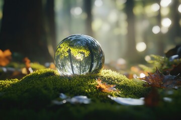 Futuristic green digital globe glowing in a lush natural forest.