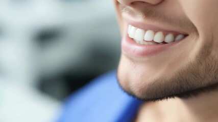 Close-up of a young Caucasian man smiling. He has short brown hair and a well-groomed beard. The background is blurred, suggesting a dental or medical environment.
