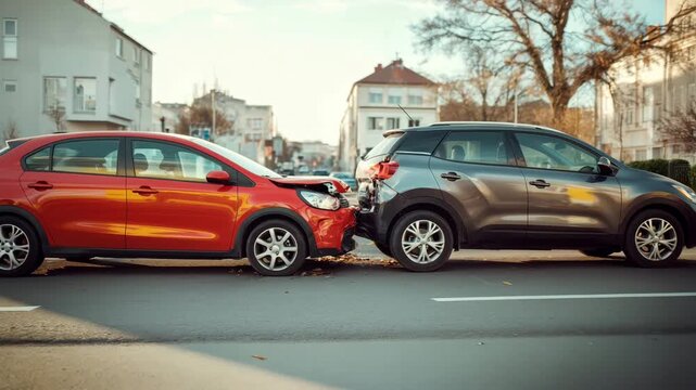 Two cars involved in a minor collision on a city street. One is a red hatchback and the other is a gray SUV. Buildings and trees are visible in the background.