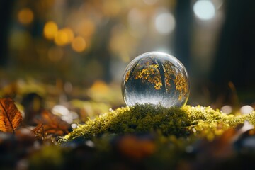 Futuristic green digital globe glowing in a lush natural forest.