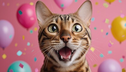 Festive Bengal Cat Portrait: Smiling Kitty Celebrating With Balloons And Confetti For Birthday Or New Year Party