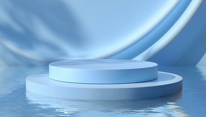 Empty Stage And Circle Podium Set Against A Serene Blue Nature Scene With Soft Water Waves Shadows, Perfect For Cosmetic Product Display.