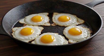 Close-up of fried eggs with bright yolks in a cast iron skillet on wood