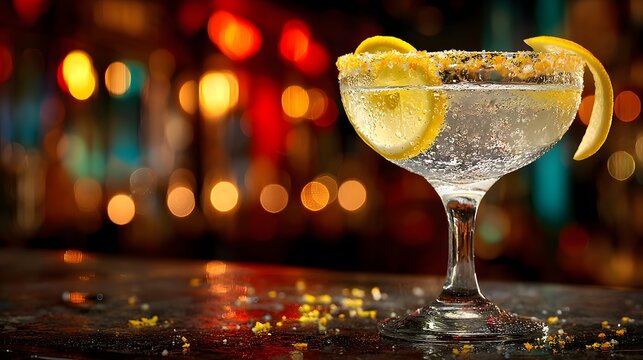 Elegant gin cocktail in a coupe glass features a sugared rim, lemon twist garnish, and condensation droplets against a moody bar background.