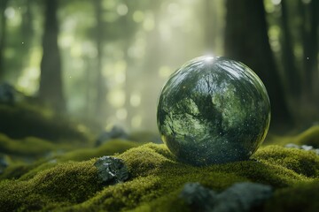 Futuristic green digital globe glowing in a lush natural forest.
