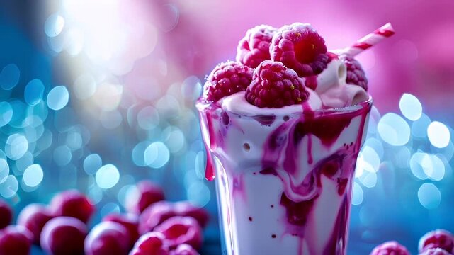 A closeup of a dessert with raspberries and whipped cream. The dessert appears to be a smoothie or milkshake, with a creamy base and a vibrant pinkishred berry sauce.