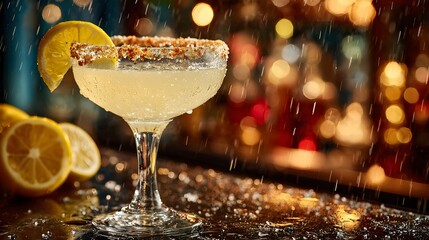Elegant gin cocktail in a coupe glass features a sugared rim, lemon twist garnish, and condensation droplets against a moody bar background.