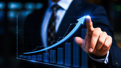 Business man showing financial graph with growth arrow touching rising profits