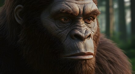 Obraz premium Digital rendering of a large, ape-like creature in a forest, gazing intently