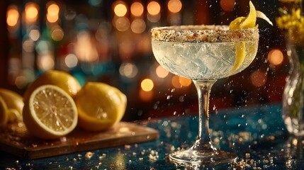 Elegant gin cocktail in a coupe glass features a sugared rim, lemon twist garnish, and condensation droplets against a moody bar background.