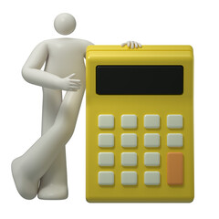 A man leans on a large calculator