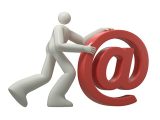 A man pushes a large '@' symbol