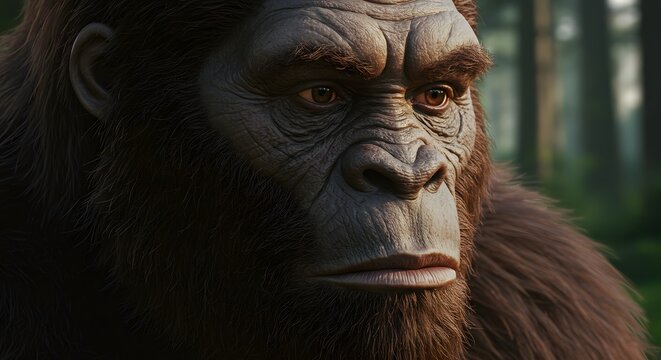 Digital rendering of a large, ape-like creature in a forest, gazing intently