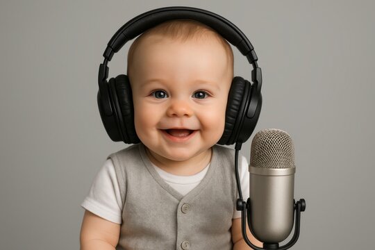 Tiny Tunes: A cheerful baby with headphones and a microphone, embodying innocence and a love for music