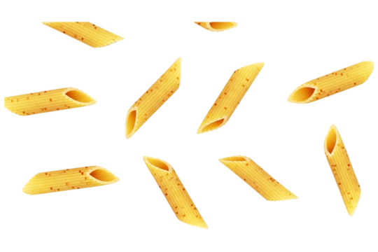 Penne pasta isolated on black background creating a culinary pattern
