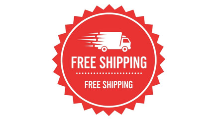 Red circular badge graphic advertising free shipping with a delivery truck icon