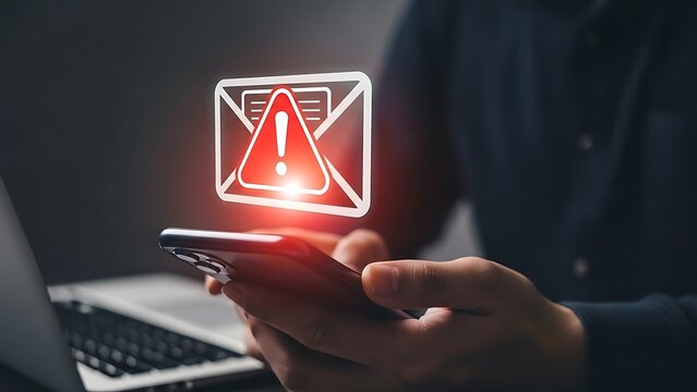 Man holding smartphone with email warning notification and laptop in the background