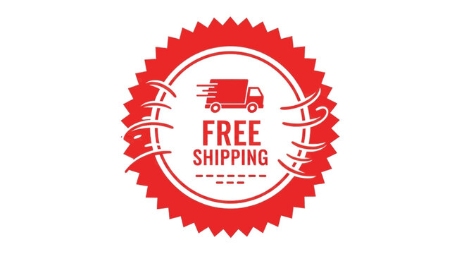 Red circular stamp graphic indicating free shipping with a moving truck icon