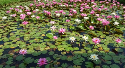 Pink water lilies blooming on a pond surface surrounded by green lily pads