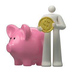 A man holds a large gold coin by a piggy bank