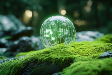 Futuristic green digital globe glowing in a lush natural forest.