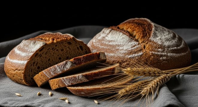 Rustic Sourdough Bread Loaf Sliced with Wheat Stalks