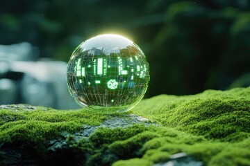 Futuristic green digital globe glowing in a lush natural forest.