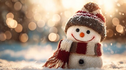 Festive Snowman Portrait: Laughing on Snowscape with Bokeh Lights