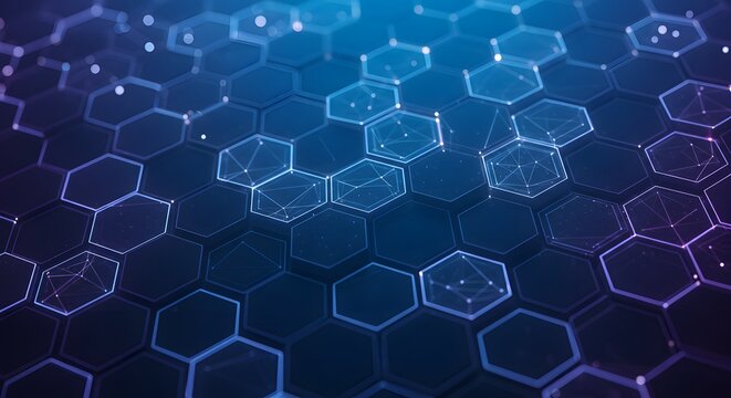 Hexagonal cellular structure with connection lines, blue and purple gradient - Powered by Adobe