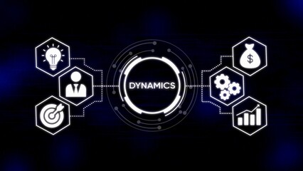 Abstract digital graphic with interconnected white icons representing business concepts on a dark blue background