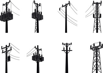 Utility pole silhouettes, transmission tower types, electrical infrastructure, power grid design, energy distribution, engineering structures, urban electricity