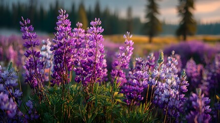 Obraz premium Field of purple lupine flowers features soft sunset light and green stems in a wildflower meadow with a shallow depth of field background.