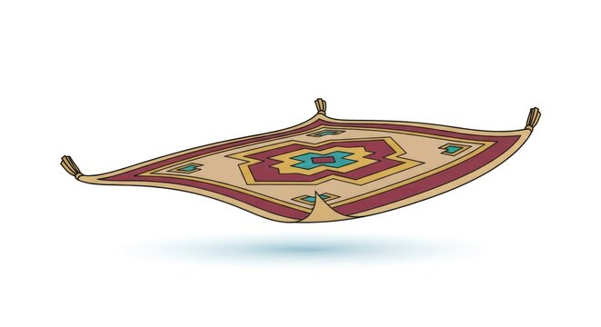 A magic flying carpet with a colorful geometric design floats above ground.