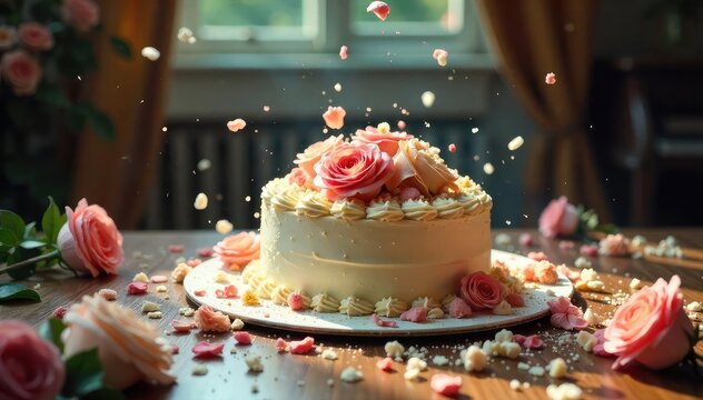 A chaotic wedding scene; cake smashed, flowers strewn, decorations askew, suggesting a tumultuous union  The image conveys a sense of unrestrained emotion and disorder ,  crazy,  broken