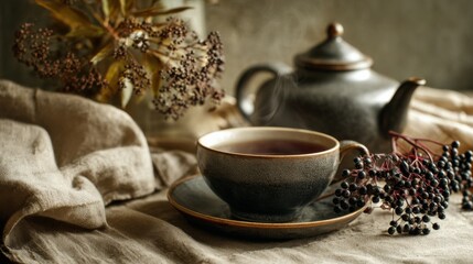 Fototapeta premium Steaming cup of dark tea sits on saucer near a teapot and elderberries on a linen cloth. Warm autumnal tones and soft lighting create a cozy atmosphere 
