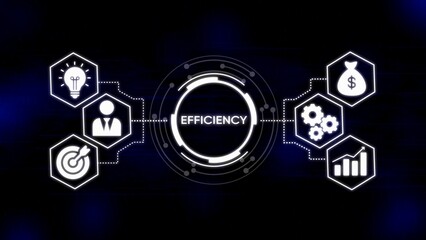 Digital infographic showing efficiency concept with icons for idea person target money gears and growth chart