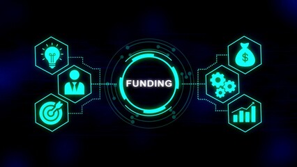 Digital infographic showing funding concepts with icons for idea person target money gears and growth chart on dark blue background