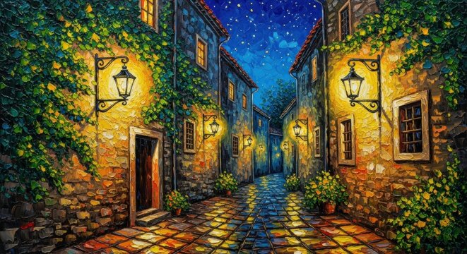 Romantic European street at night bathed in the warm glow of vintage lanterns, a timeless scene for travel, architecture, and old-world charm, art - Powered by Adobe