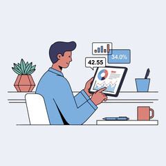 Man analyzing data on a tablet, surrounded by charts and graphs.