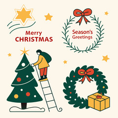 Christmas decoration icons, labels, illustration and elements set. 