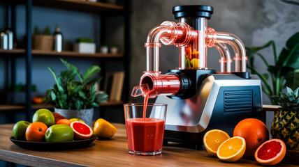 Freshly squeezed juice with juicer surrounded by vibrant fruit selection