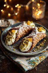 Sicilian cannoli filled with ricotta cream, topped with pistachios and candied orange, glow under soft Christmas lights.