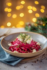 Pasta coated in bright beetroot sauce topped with ricotta and herbs sits against a minimal festive backdrop with warm lights.