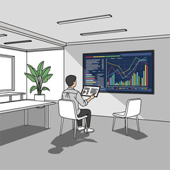 Man analyzing financial data on a large screen in a modern office.