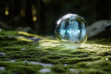 Futuristic green digital globe glowing in a lush natural forest.