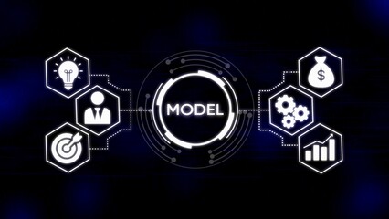 White icons of lightbulb person target money bag gears and graph connected to central circle with word M O D E L on dark blue background