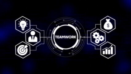 White icons of teamwork idea person target money gears and graph on dark blue digital background lightbulb