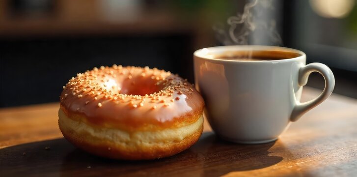 A delicious glazed donut sits beside a steaming cup of coffee, perfect for a sweet midday break Enjoy the simple pleasures of a caffeine and sugar boost , morning coffee, morning, afternoon