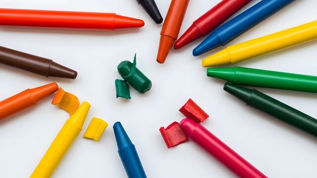 Colorful wax crayons and broken pieces scattered on a white background, perfect for art and education. - Powered by Adobe