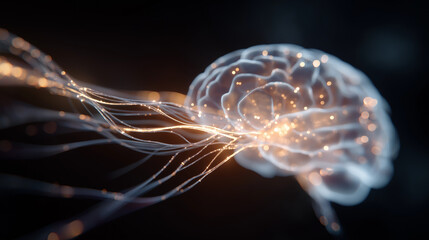Fototapeta premium Brain Spark: A mesmerizing depiction of the human brain, illuminated with intricate neural pathways and radiant bursts of light, symbolizing intelligence and cognitive function.